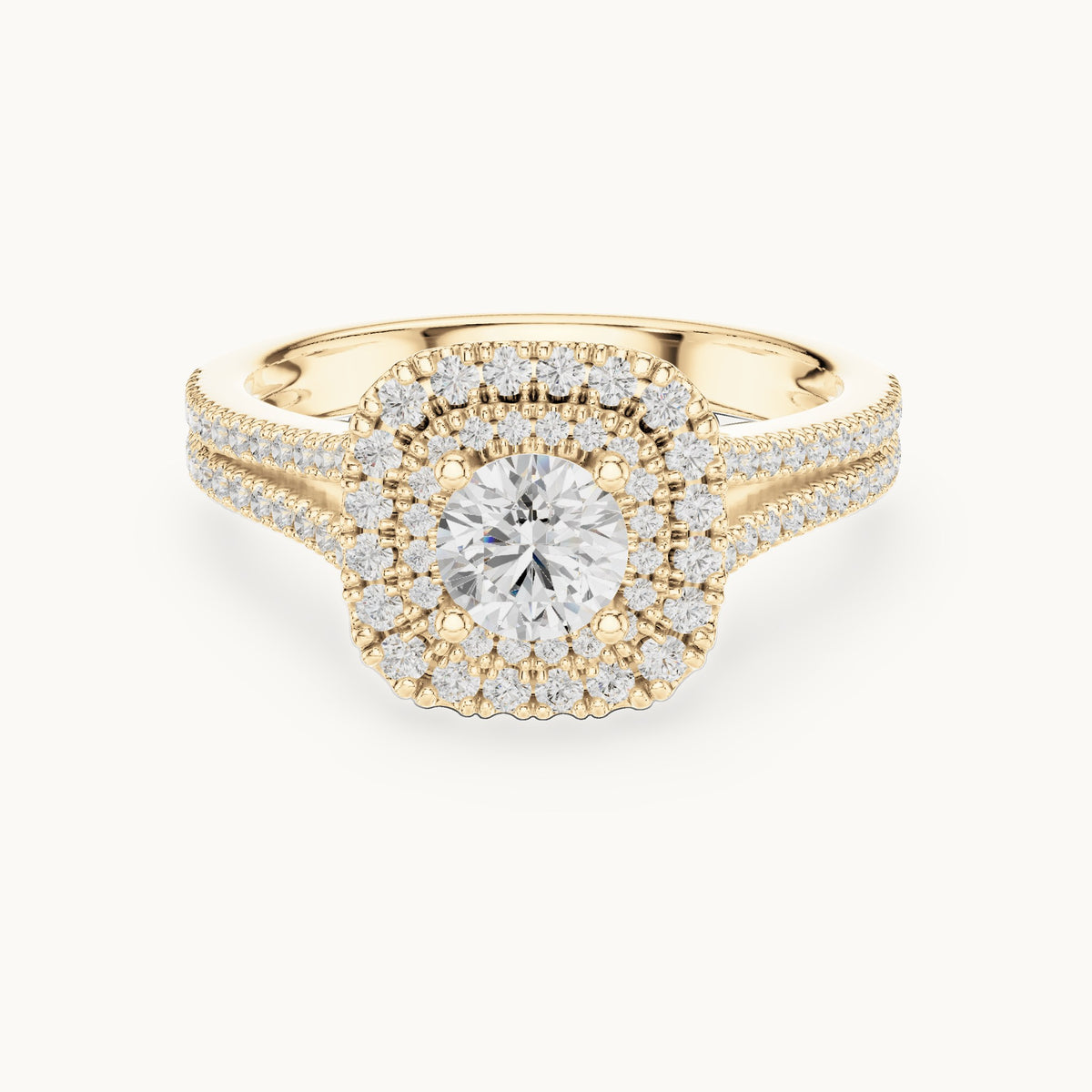Round lab-grown diamond split shank double halo engagement ring in yellow gold, 1.30 CT TW, view 4