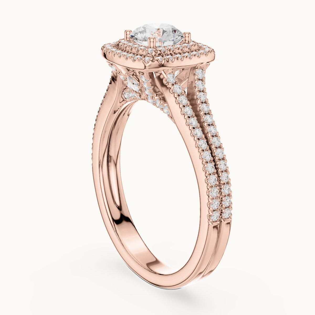 Round and princess-cut lab-grown diamond cushion halo split shank engagement ring in rose gold, 1.388 CT TW, view 1