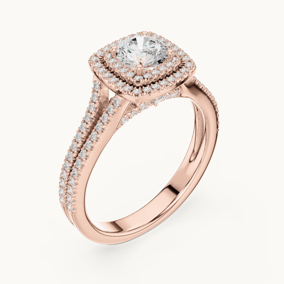 Round and princess-cut lab-grown diamond cushion halo split shank engagement ring in rose gold, 1.388 CT TW, view 2
