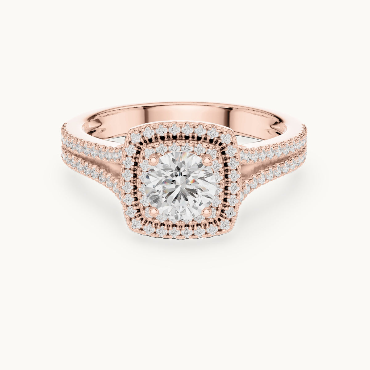 Round and princess-cut lab-grown diamond cushion halo split shank engagement ring in rose gold, 1.388 CT TW, view 4