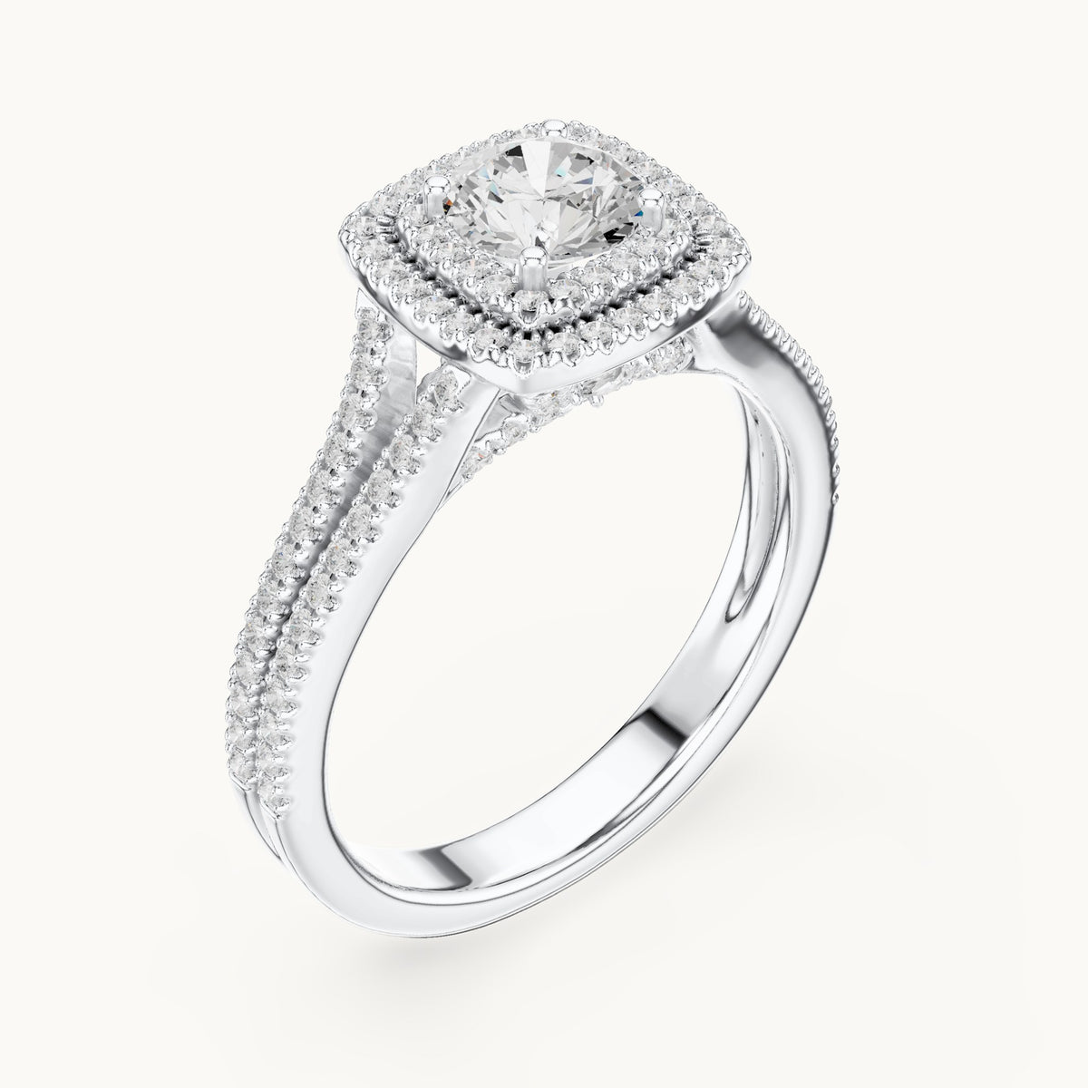 Round and princess-cut lab-grown diamond cushion halo split shank engagement ring in white gold, 1.388 CT TW, view 2