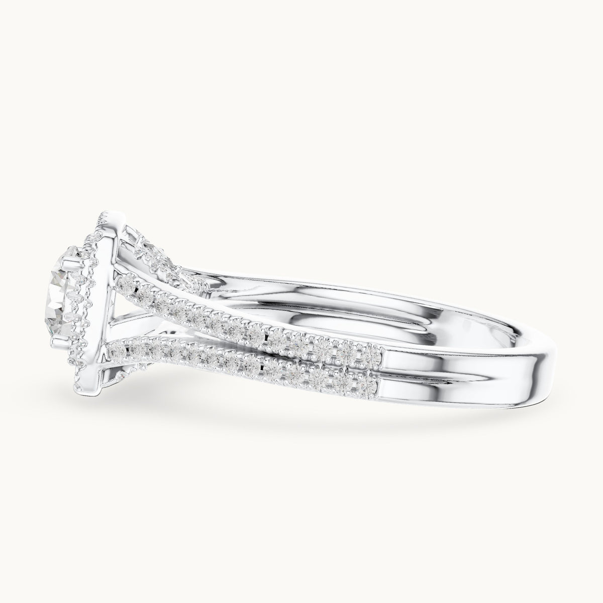 Round and princess-cut lab-grown diamond cushion halo split shank engagement ring in white gold, 1.388 CT TW, view 3