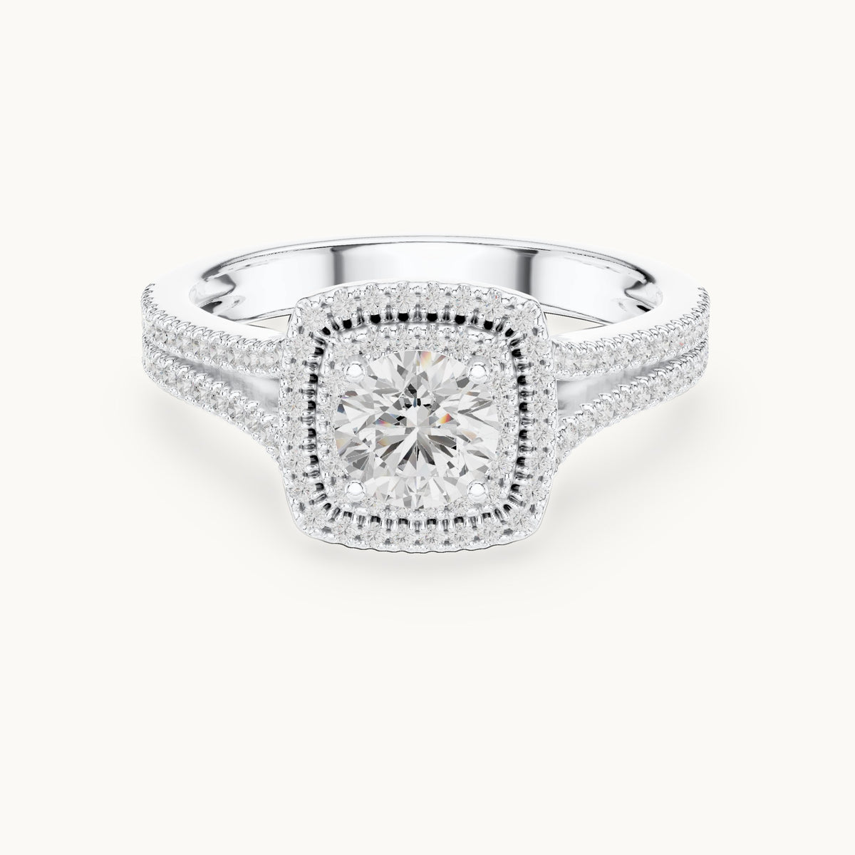 Round and princess-cut lab-grown diamond cushion halo split shank engagement ring in white gold, 1.388 CT TW, view 4