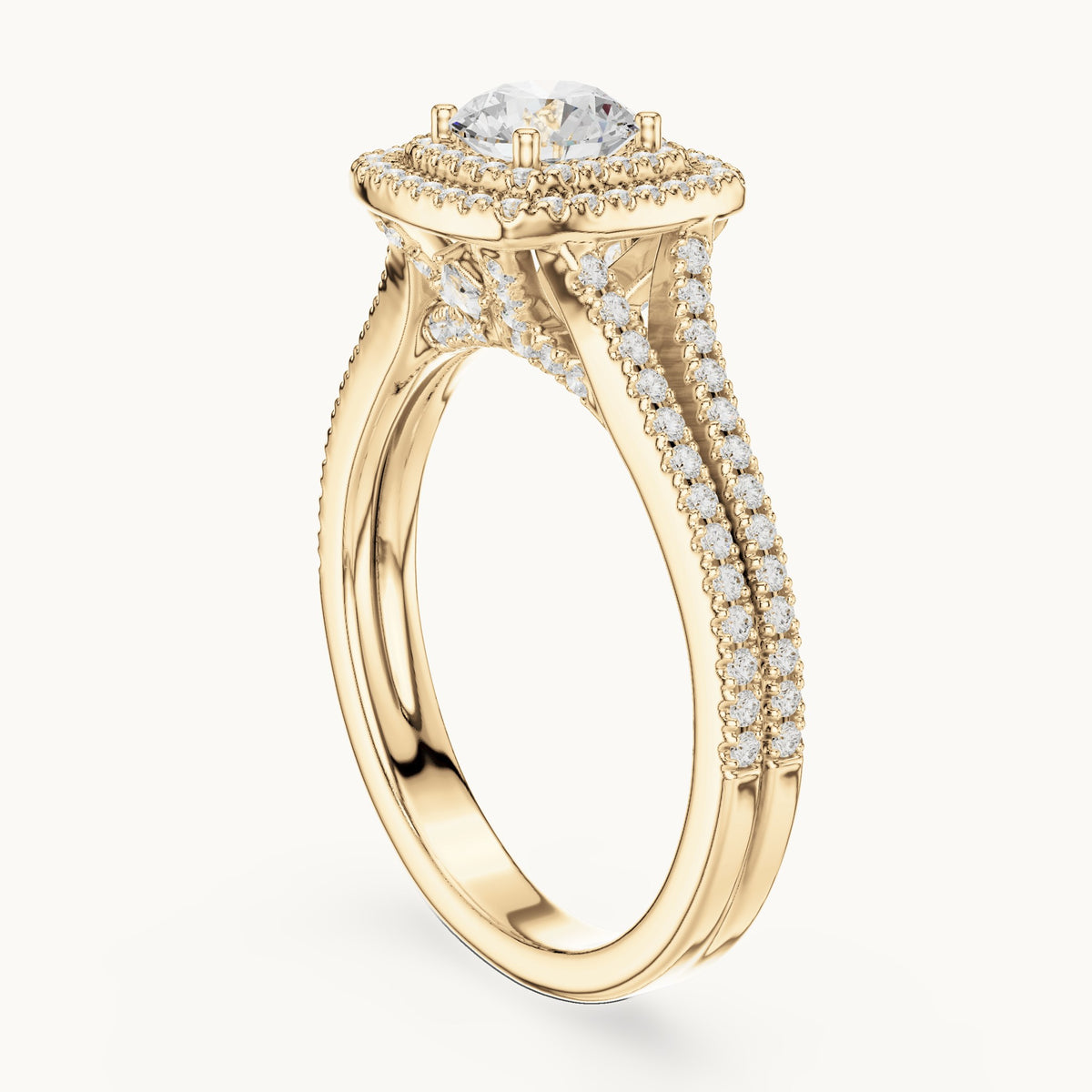 Round and princess-cut lab-grown diamond cushion halo split shank engagement ring in yellow gold, 1.388 CT TW, view 1