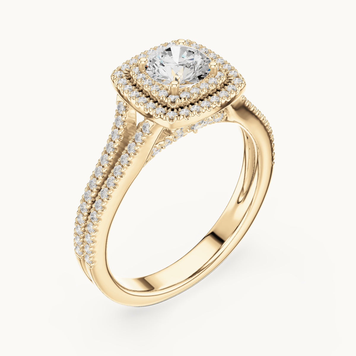 Round and princess-cut lab-grown diamond cushion halo split shank engagement ring in yellow gold, 1.388 CT TW, view 2