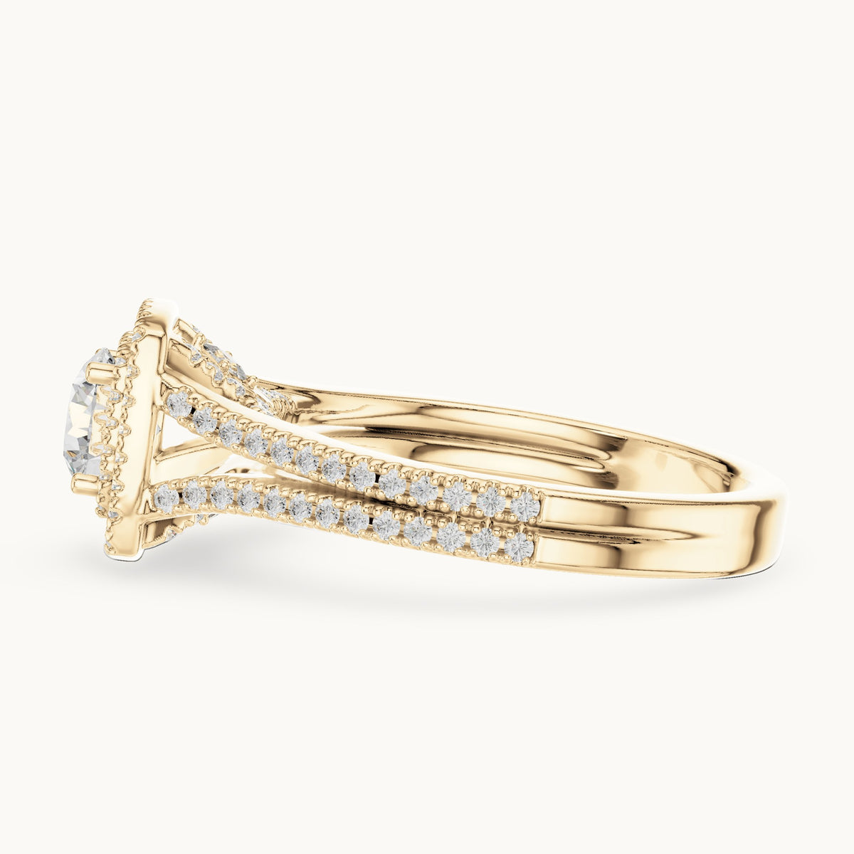 Round and princess-cut lab-grown diamond cushion halo split shank engagement ring in yellow gold, 1.388 CT TW, view 3