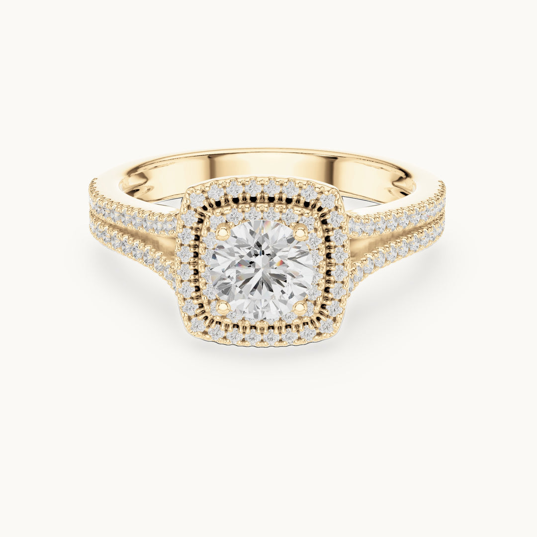 Round and princess-cut lab-grown diamond cushion halo split shank engagement ring in yellow gold, 1.388 CT TW, view 4
