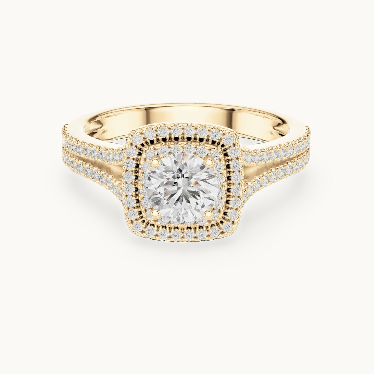Round and princess-cut lab-grown diamond cushion halo split shank engagement ring in yellow gold, 1.388 CT TW, view 4