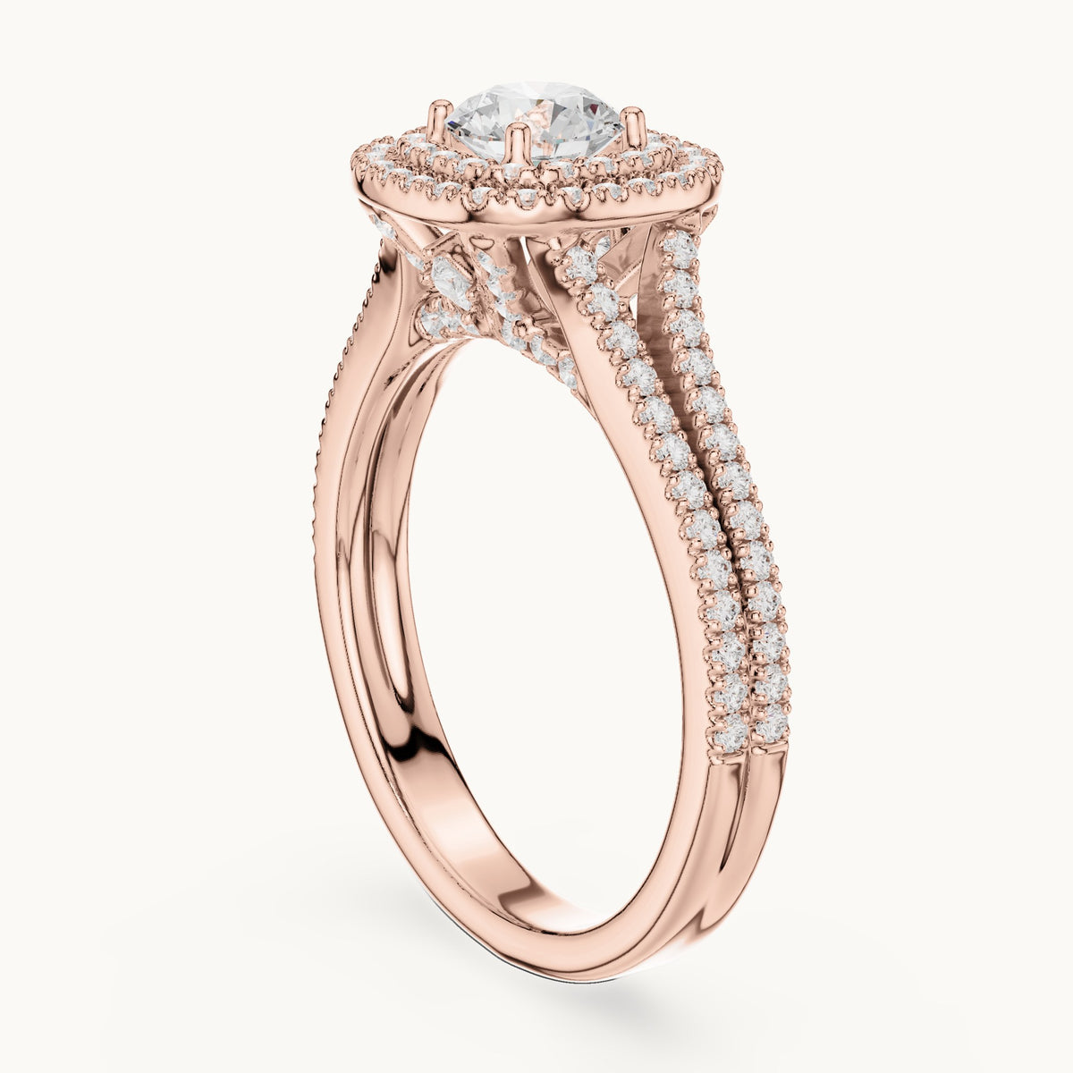 Round lab-grown diamond cushion double halo engagement ring in rose gold, 1.72 CT TW, view 1