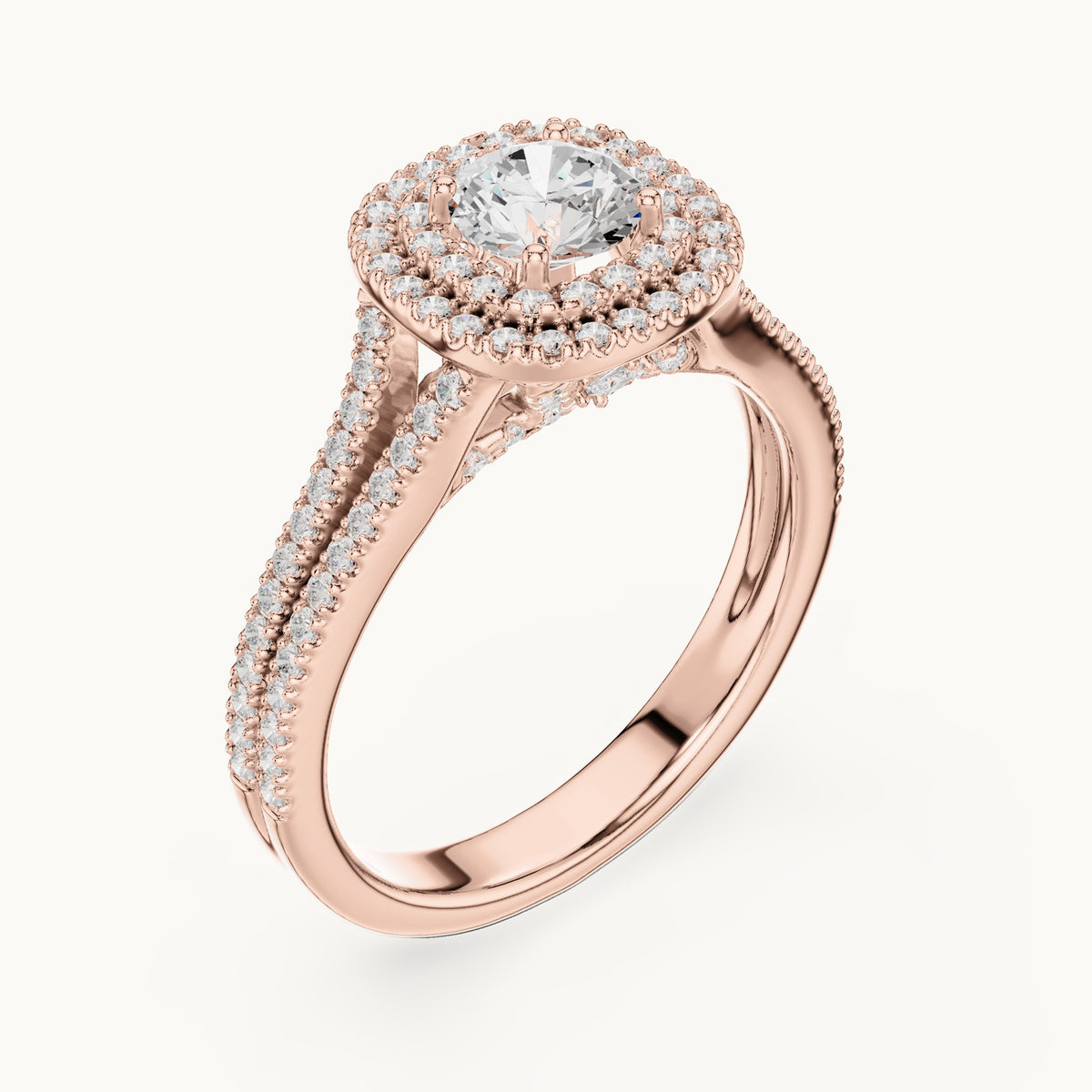 Round lab-grown diamond cushion double halo engagement ring in rose gold, 1.72 CT TW, view 2