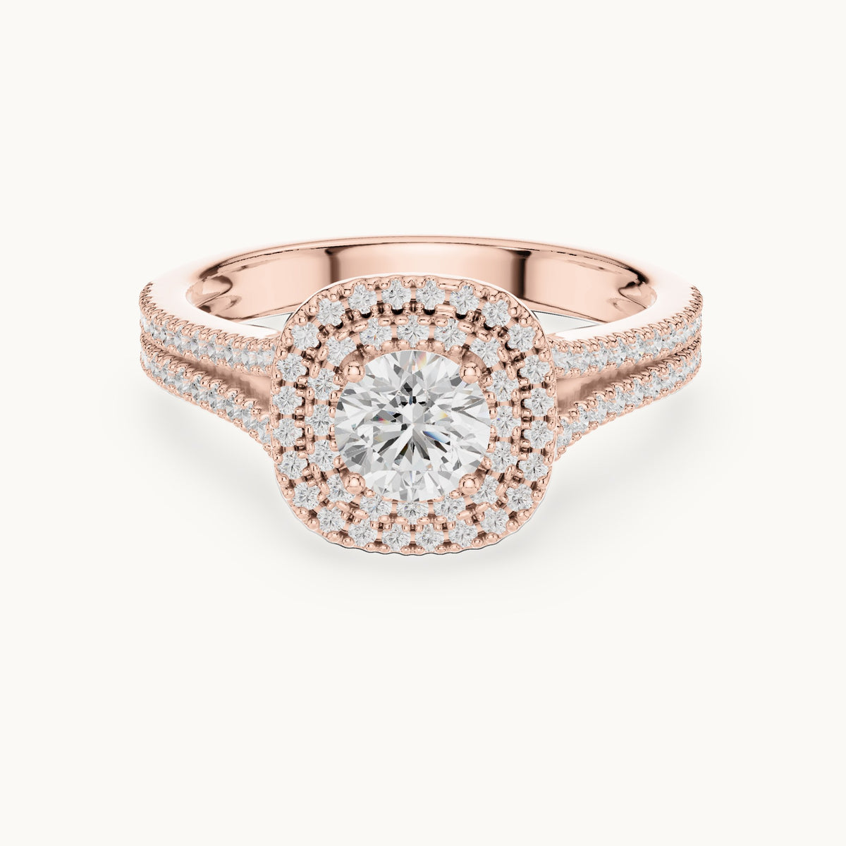 Round lab-grown diamond cushion double halo engagement ring in rose gold, 1.72 CT TW, view 4