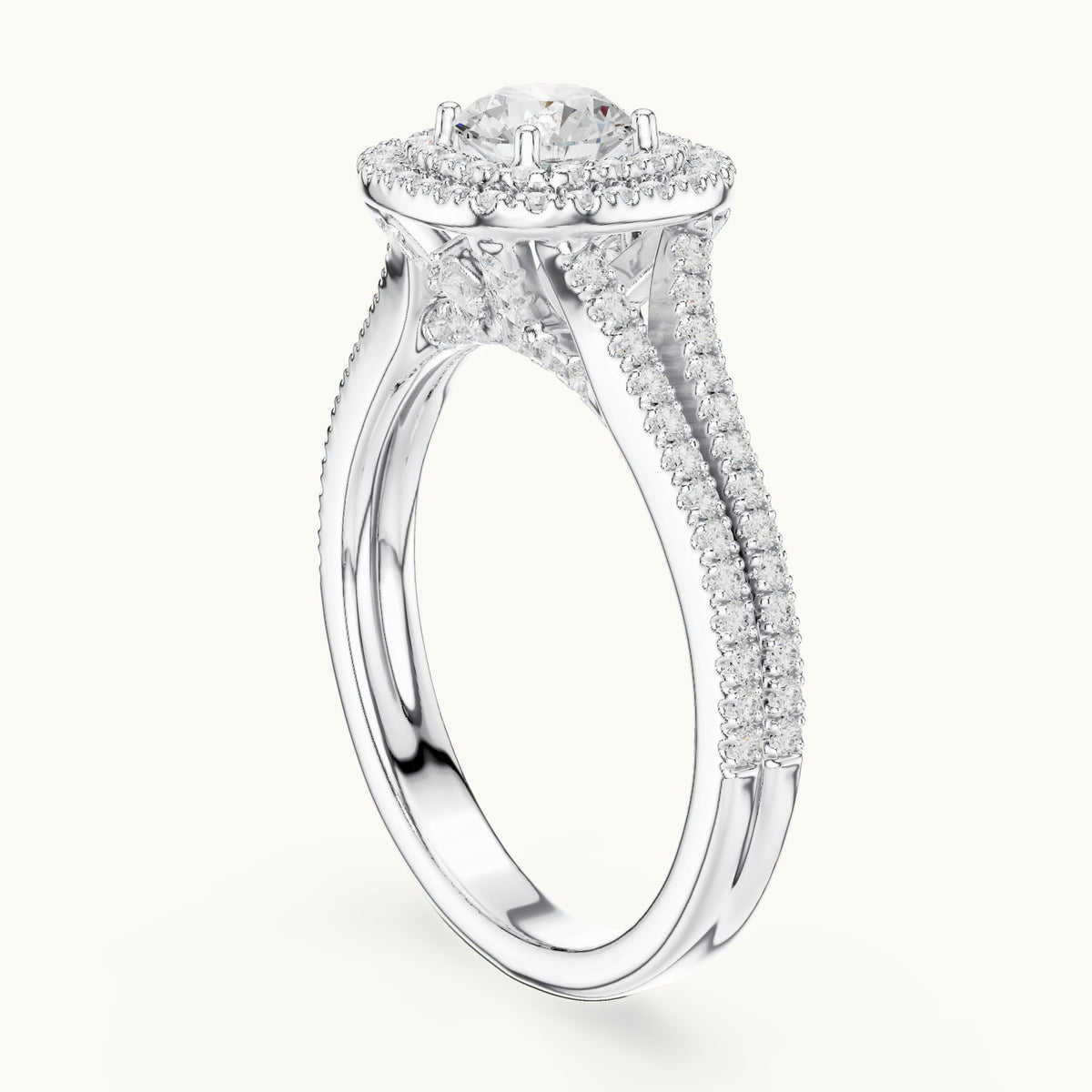 Round lab-grown diamond cushion double halo engagement ring in white gold, 1.72 CT TW, view 1
