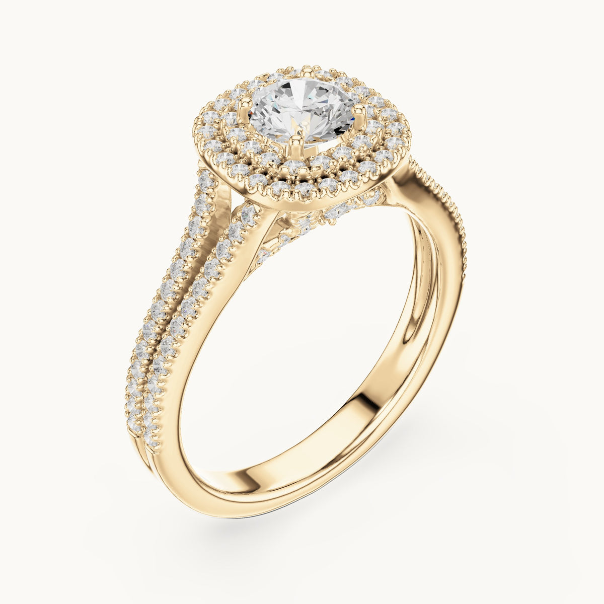 Round lab-grown diamond cushion double halo engagement ring in yellow gold, 1.72 CT TW, view 2