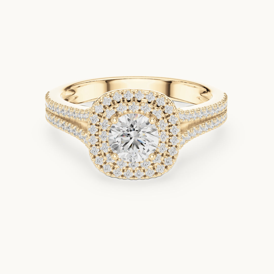 Round lab-grown diamond cushion double halo engagement ring in yellow gold, 1.72 CT TW, view 4