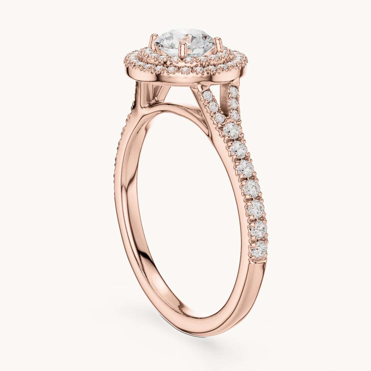 Round lab-grown diamond double halo engagement ring with pavé shoulders in rose gold, 1.08 CT TW, view 1