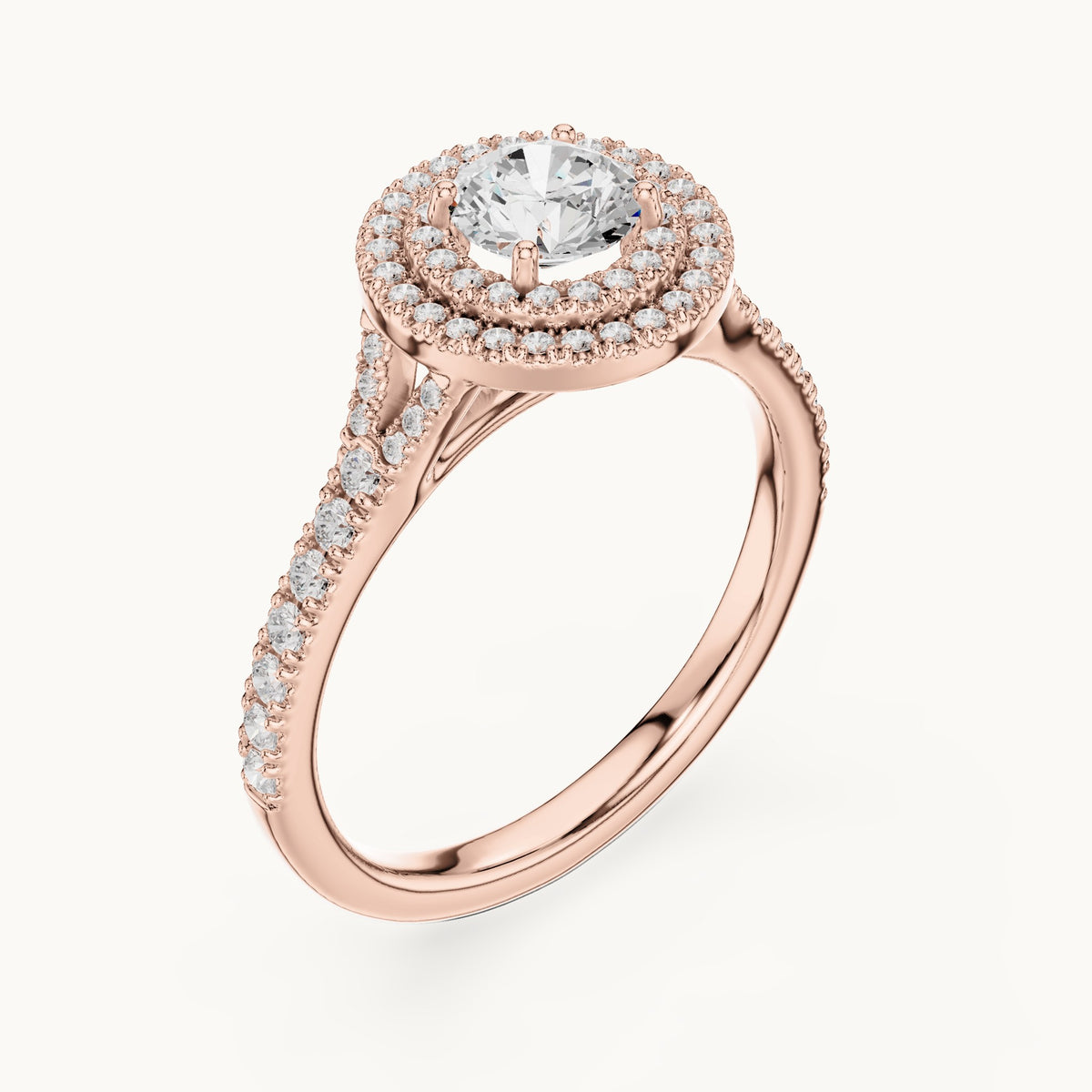 Round lab-grown diamond double halo engagement ring with pavé shoulders in rose gold, 1.08 CT TW, view 2