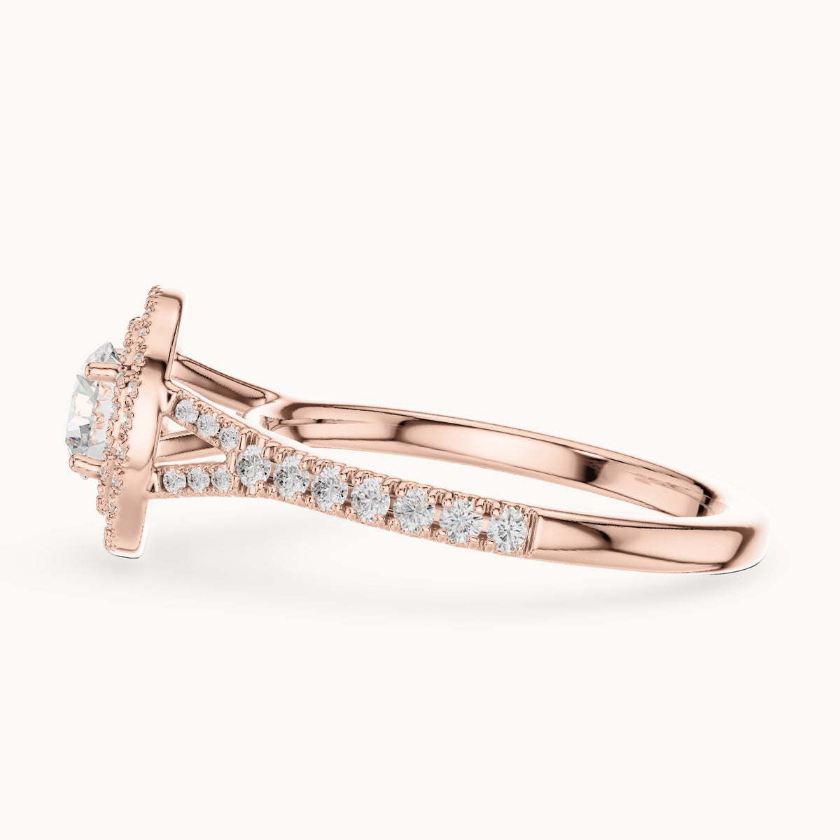 Round lab-grown diamond double halo engagement ring with pavé shoulders in rose gold, 1.08 CT TW, view 3