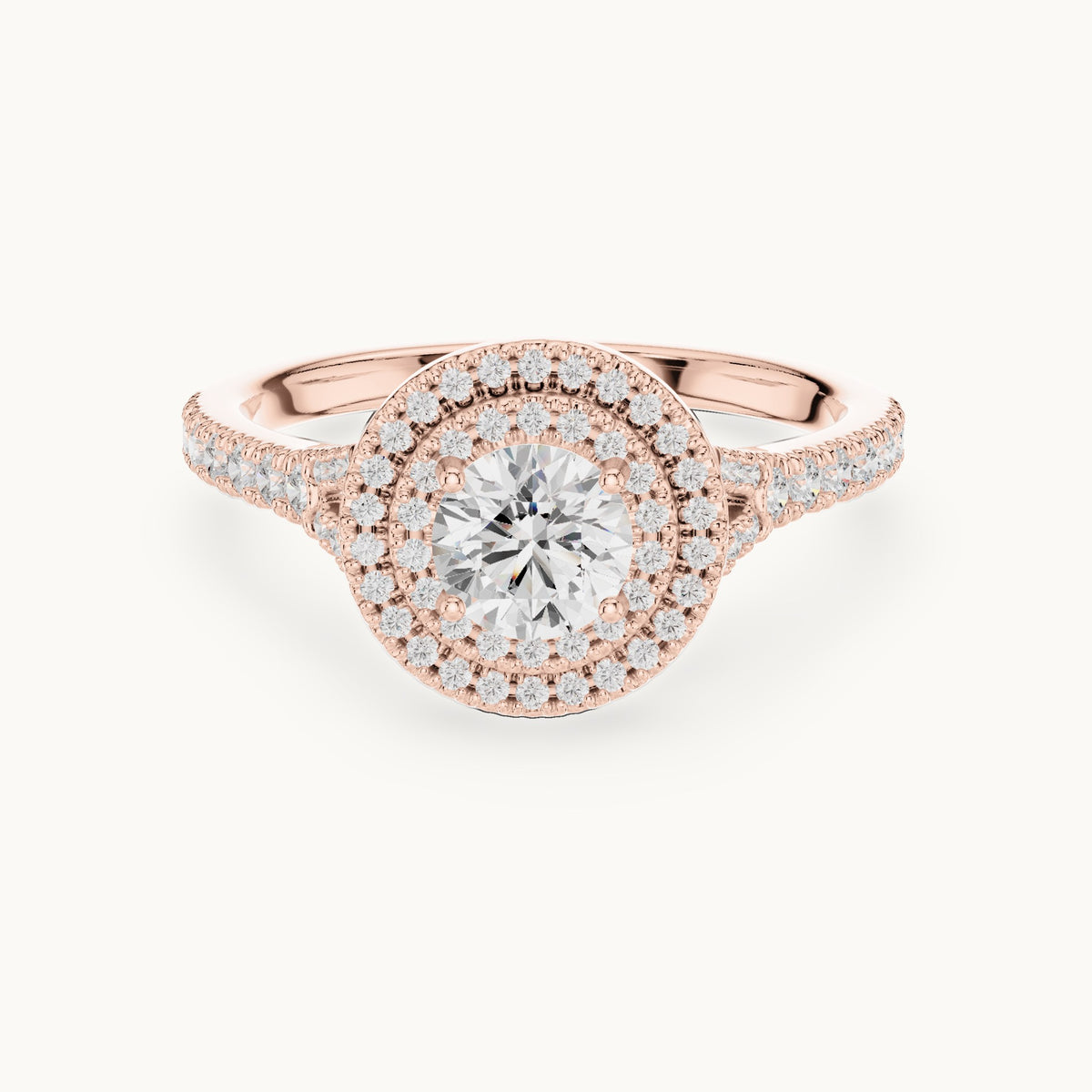 Round lab-grown diamond double halo engagement ring with pavé shoulders in rose gold, 1.08 CT TW, view 4