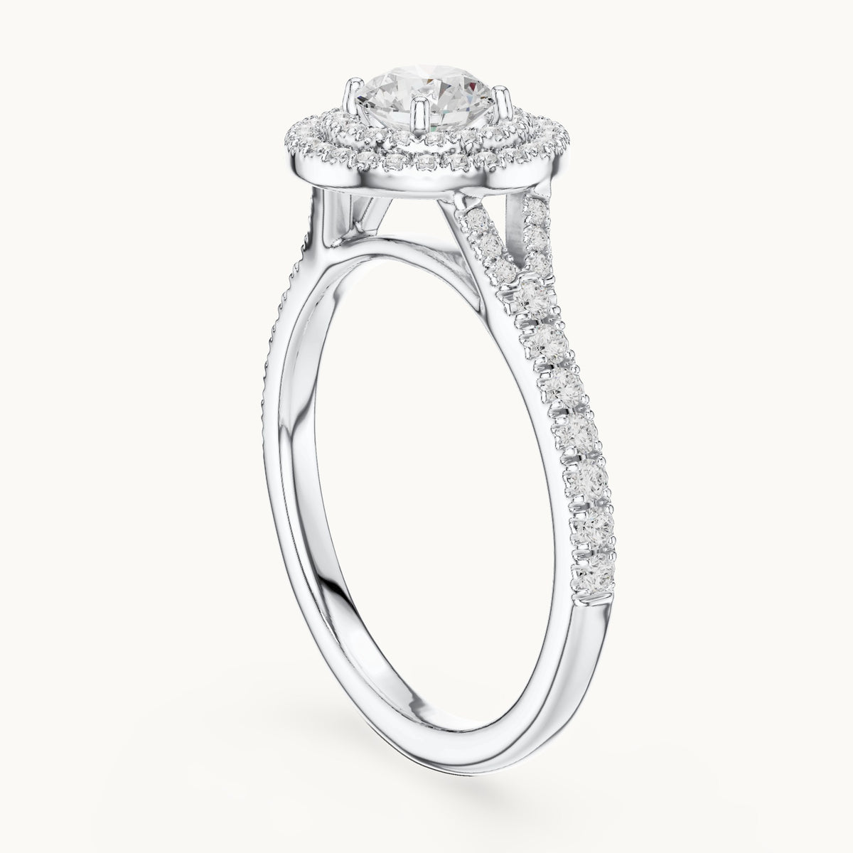 Round lab-grown diamond double halo engagement ring with pavé shoulders in white gold, 1.08 CT TW, view 1