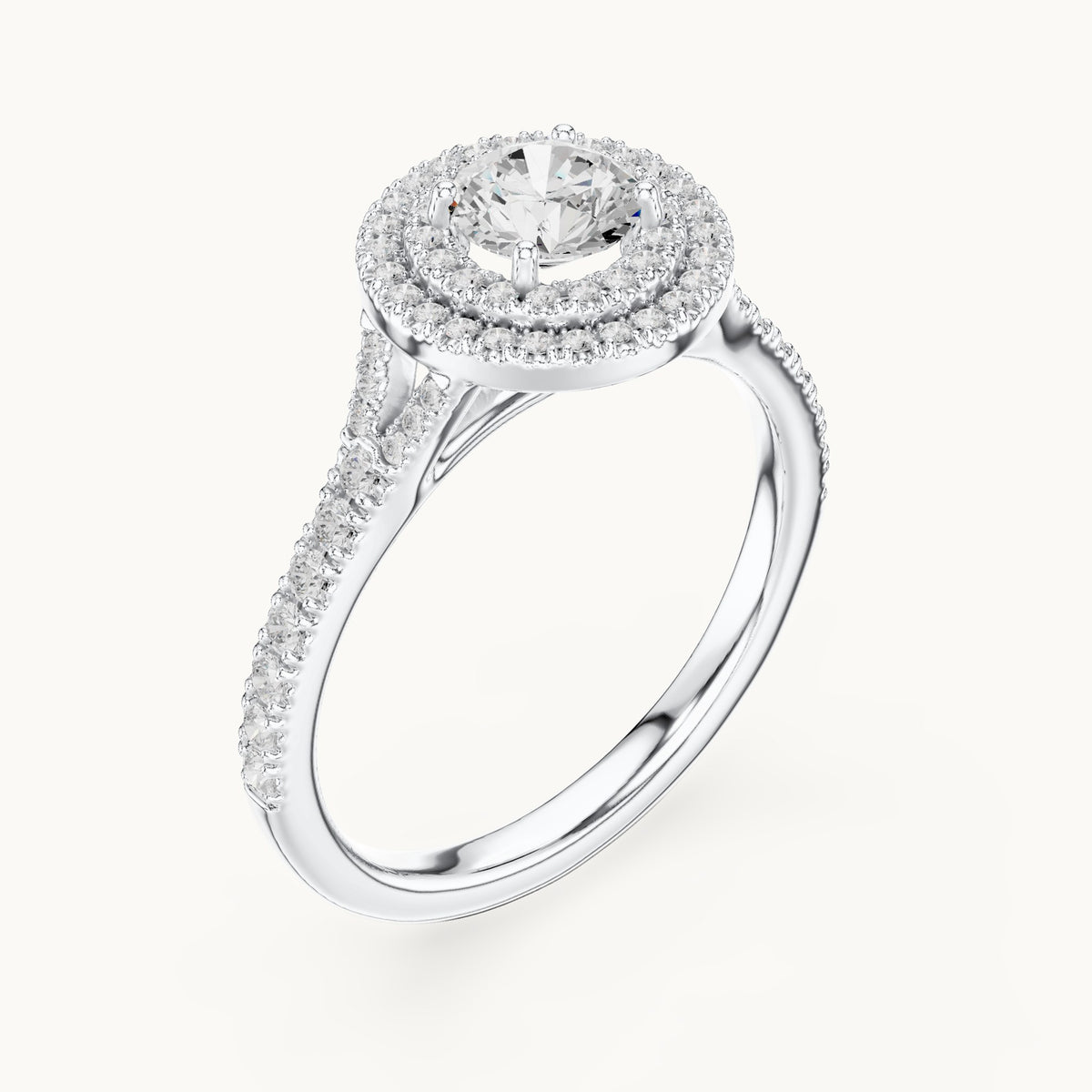 Round lab-grown diamond double halo engagement ring with pavé shoulders in white gold, 1.08 CT TW, view 2