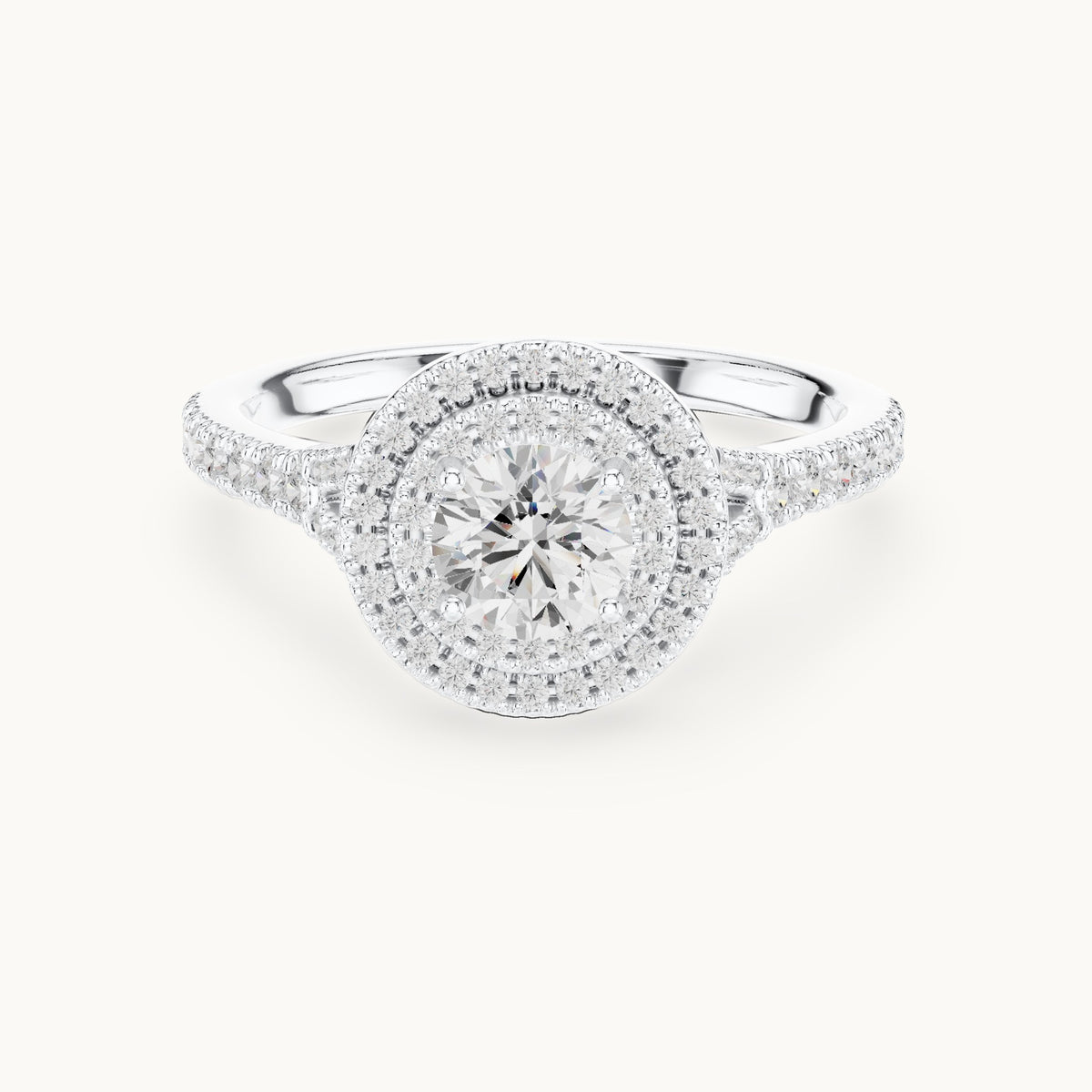 Round lab-grown diamond double halo engagement ring with pavé shoulders in white gold, 1.08 CT TW, view 4
