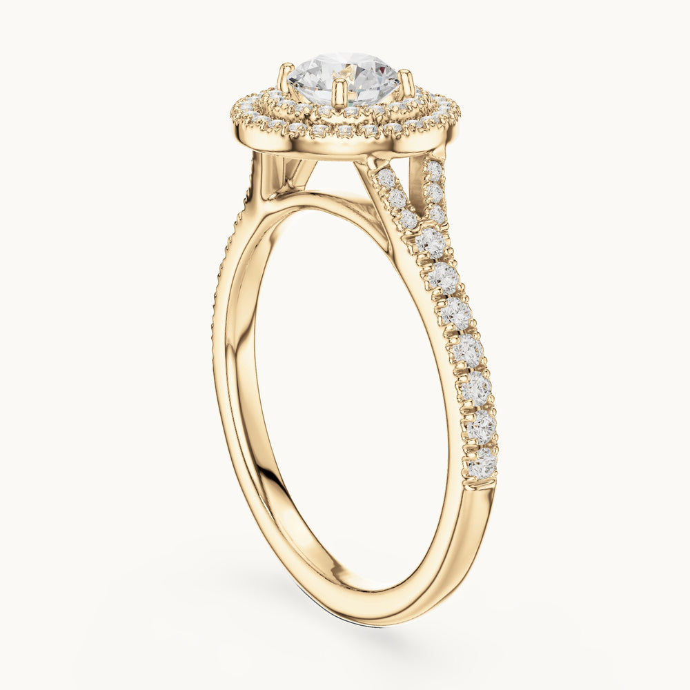 Round lab-grown diamond double halo engagement ring with pavé shoulders in yellow gold, 1.08 CT TW, view 1