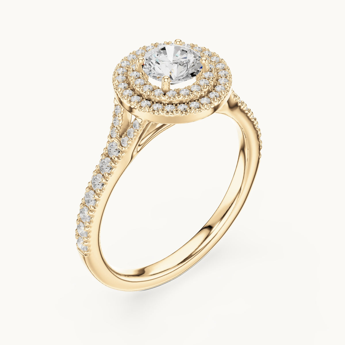 Round lab-grown diamond double halo engagement ring with pavé shoulders in yellow gold, 1.08 CT TW, view 2