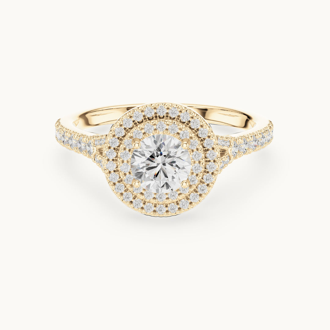 Round lab-grown diamond double halo engagement ring with pavé shoulders in yellow gold, 1.08 CT TW, view 4