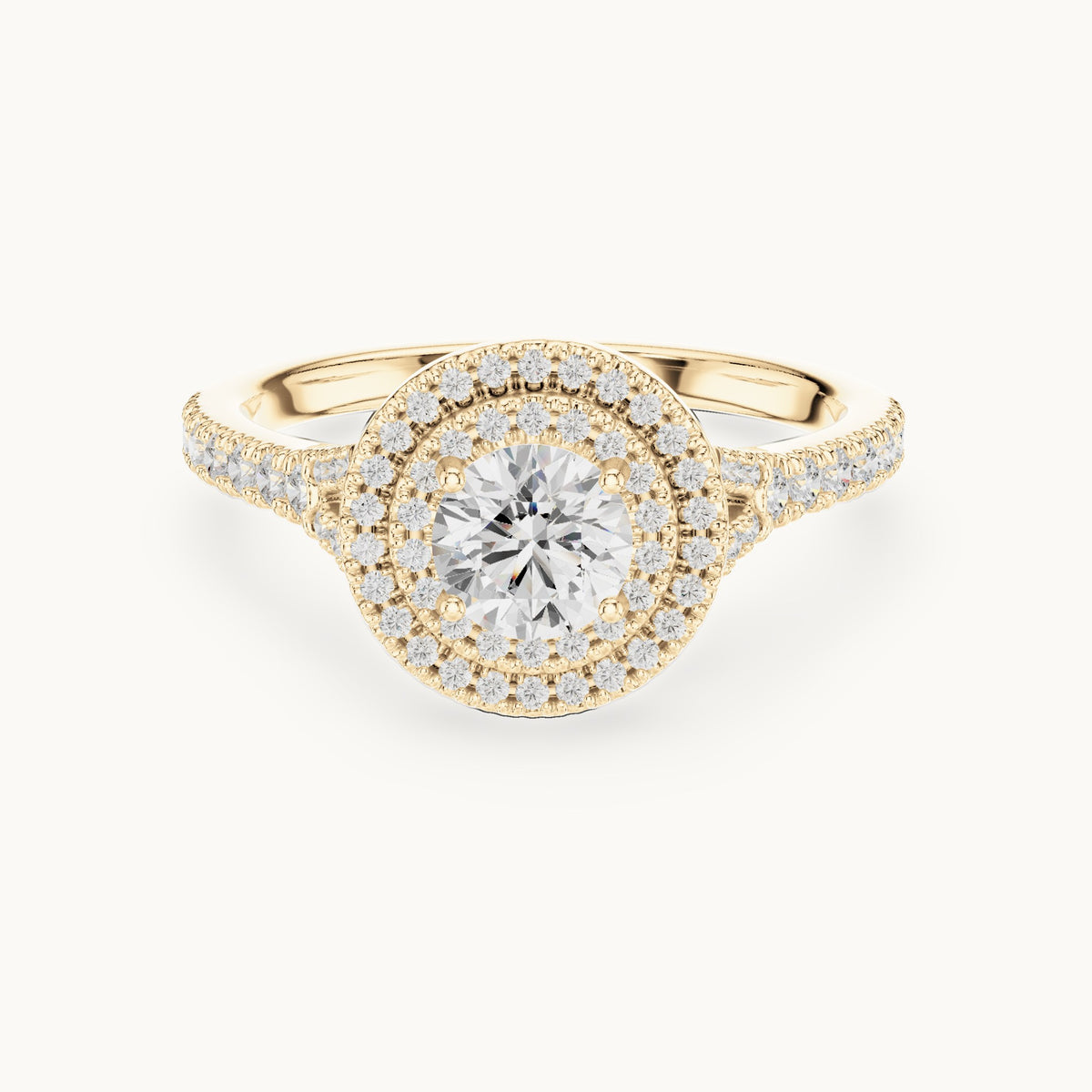 Round lab-grown diamond double halo engagement ring with pavé shoulders in yellow gold, 1.08 CT TW, view 4