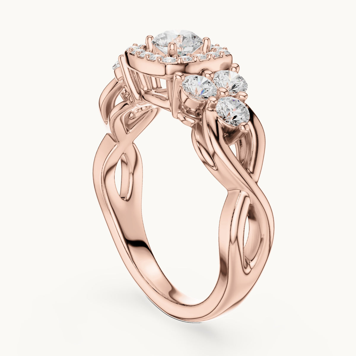 Round lab-grown diamond twisted halo engagement ring with side stones in rose gold, 1.11 CT TW, view 1