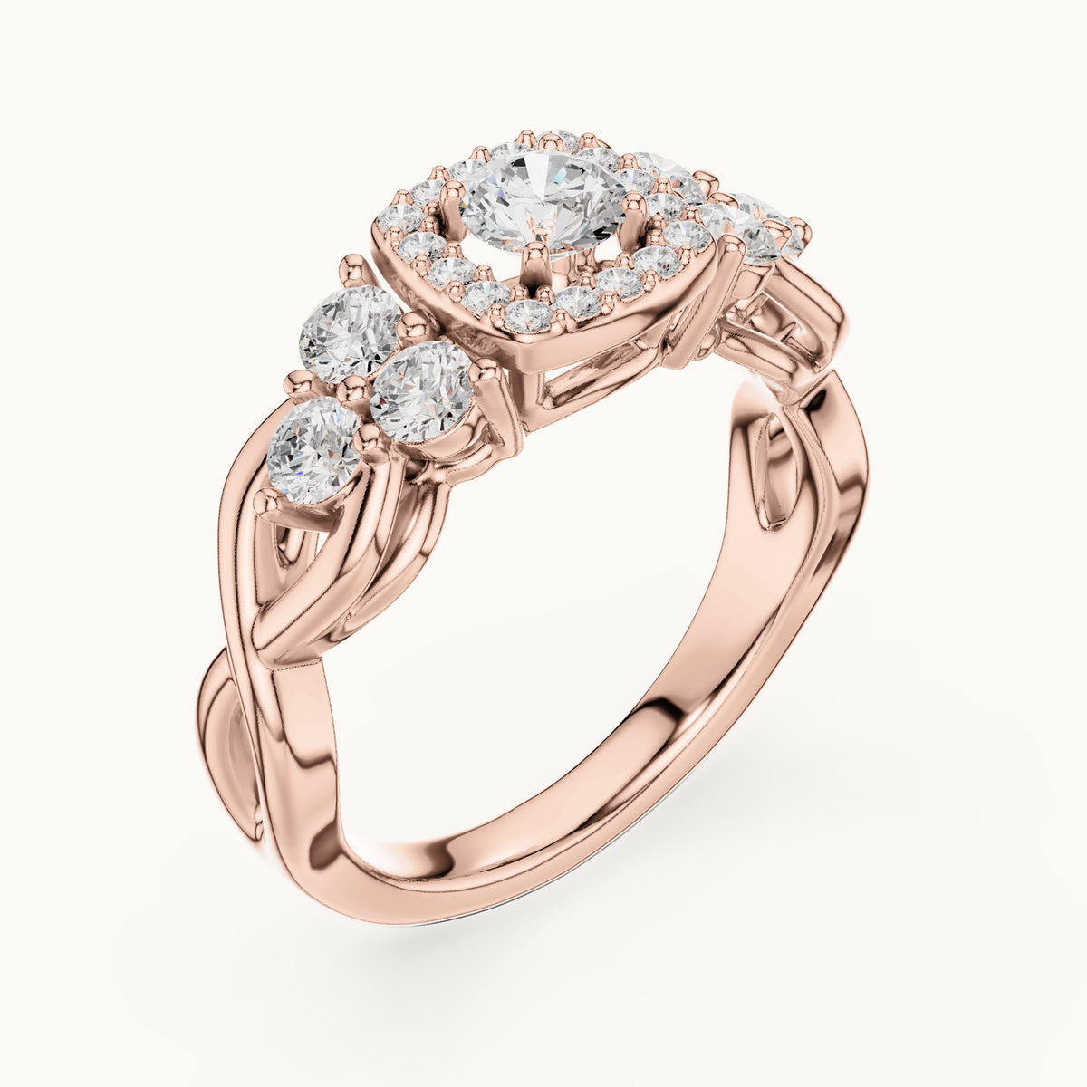 Round lab-grown diamond twisted halo engagement ring with side stones in rose gold, 1.11 CT TW, view 2