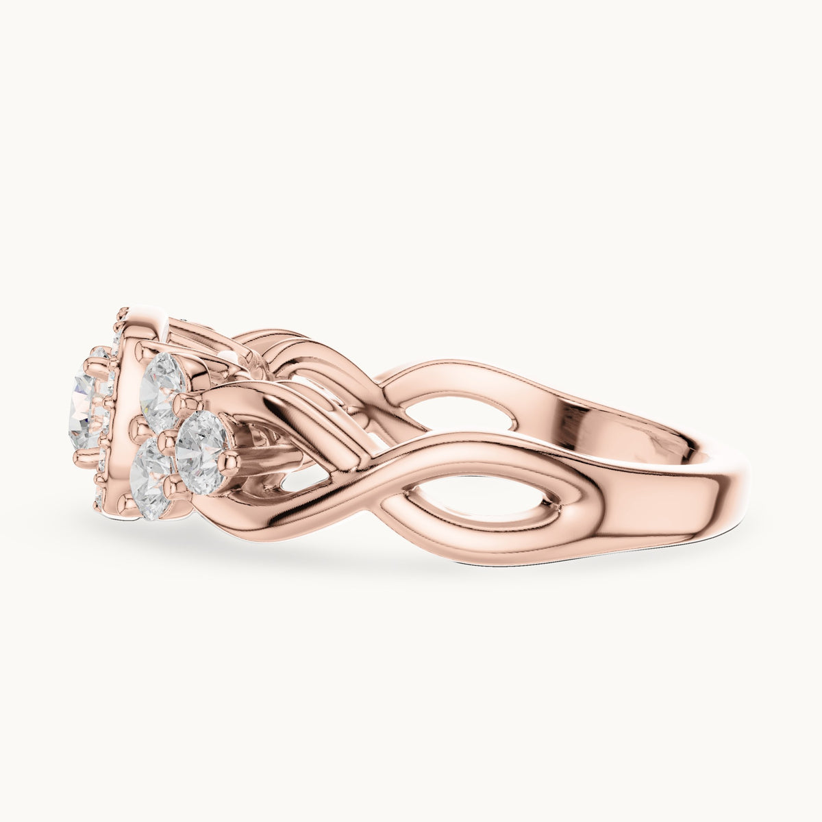 Round lab-grown diamond twisted halo engagement ring with side stones in rose gold, 1.11 CT TW, view 3