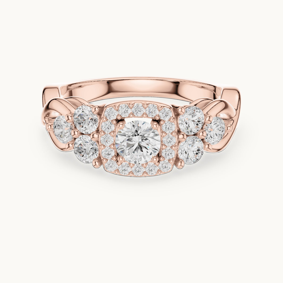 Round lab-grown diamond twisted halo engagement ring with side stones in rose gold, 1.11 CT TW, view 4