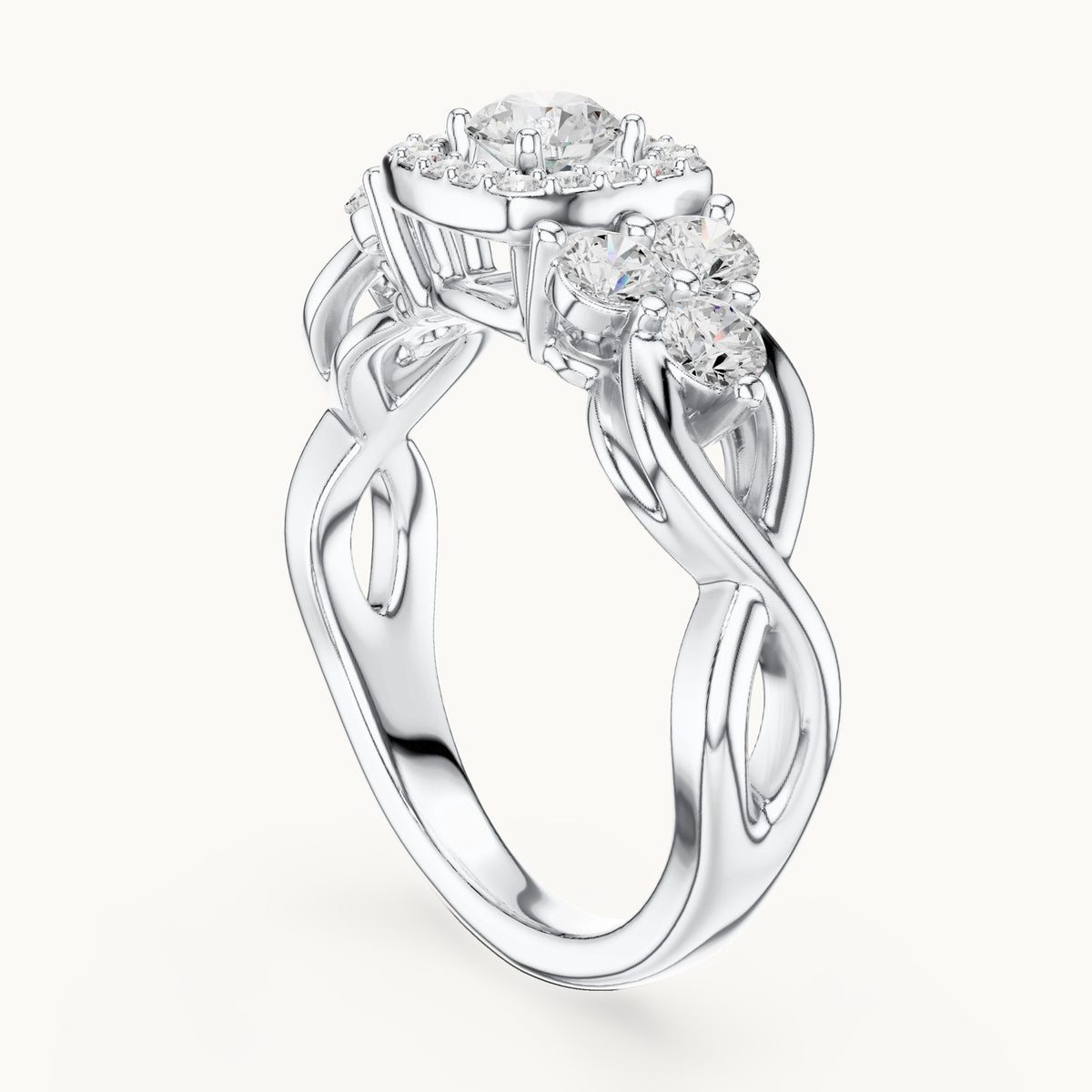 Round lab-grown diamond twisted halo engagement ring with side stones in white gold, 1.11 CT TW, view 1