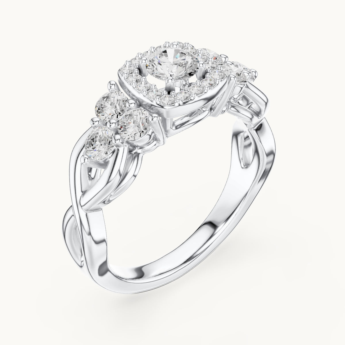 Round lab-grown diamond twisted halo engagement ring with side stones in white gold, 1.11 CT TW, view 2