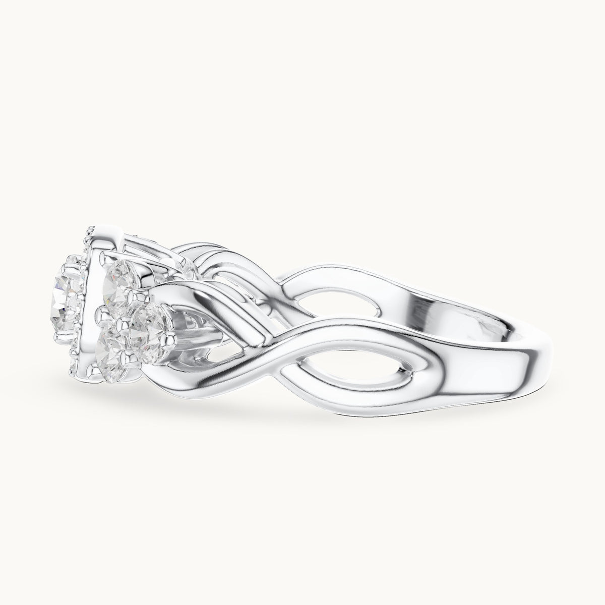 Round lab-grown diamond twisted halo engagement ring with side stones in white gold, 1.11 CT TW, view 3
