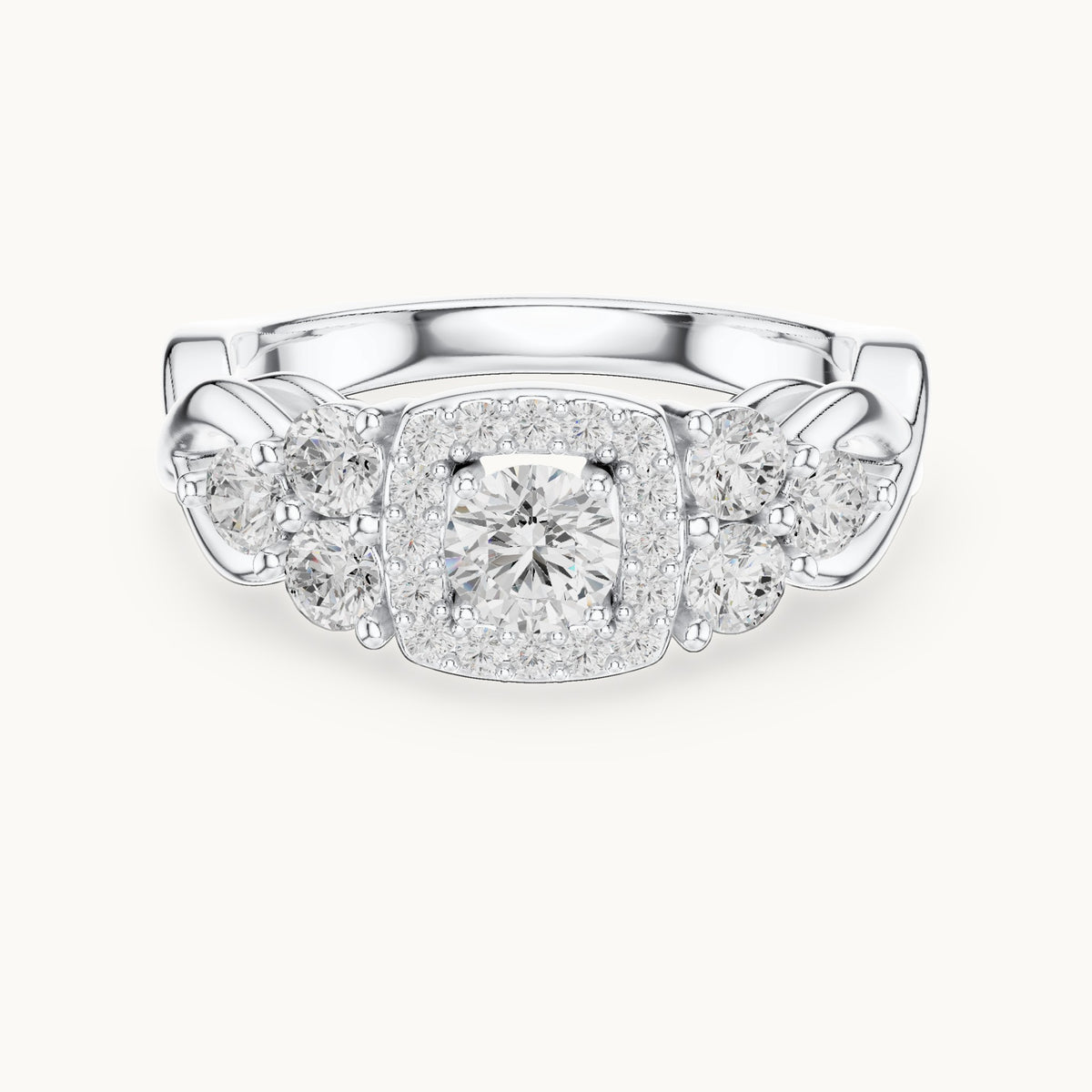 Round lab-grown diamond twisted halo engagement ring with side stones in white gold, 1.11 CT TW, view 4