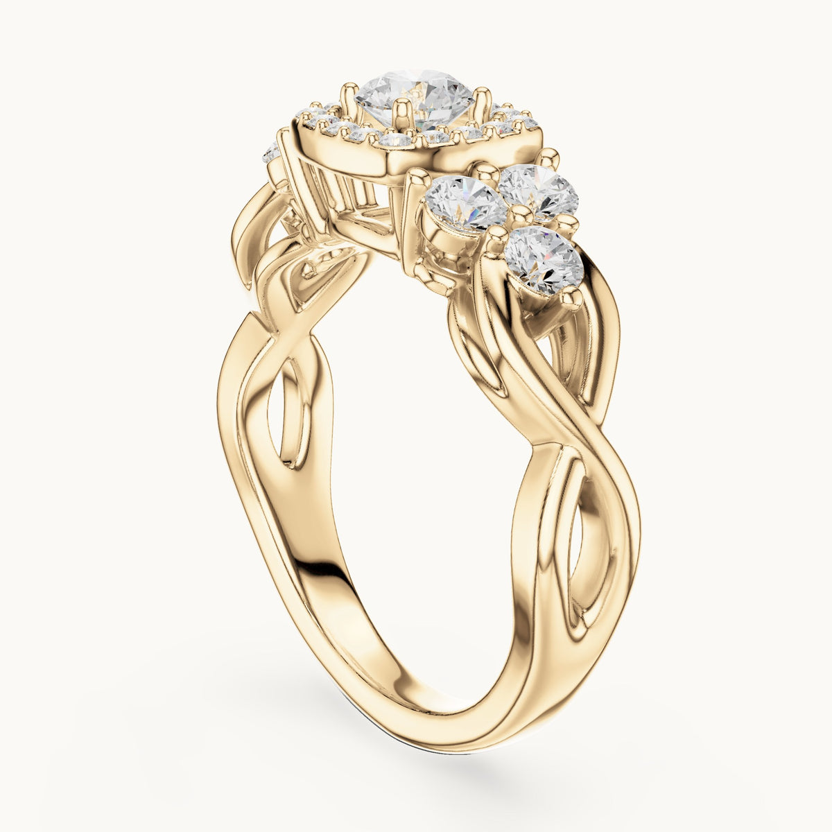 Round lab-grown diamond twisted halo engagement ring with side stones in yellow gold, 1.11 CT TW, view 1