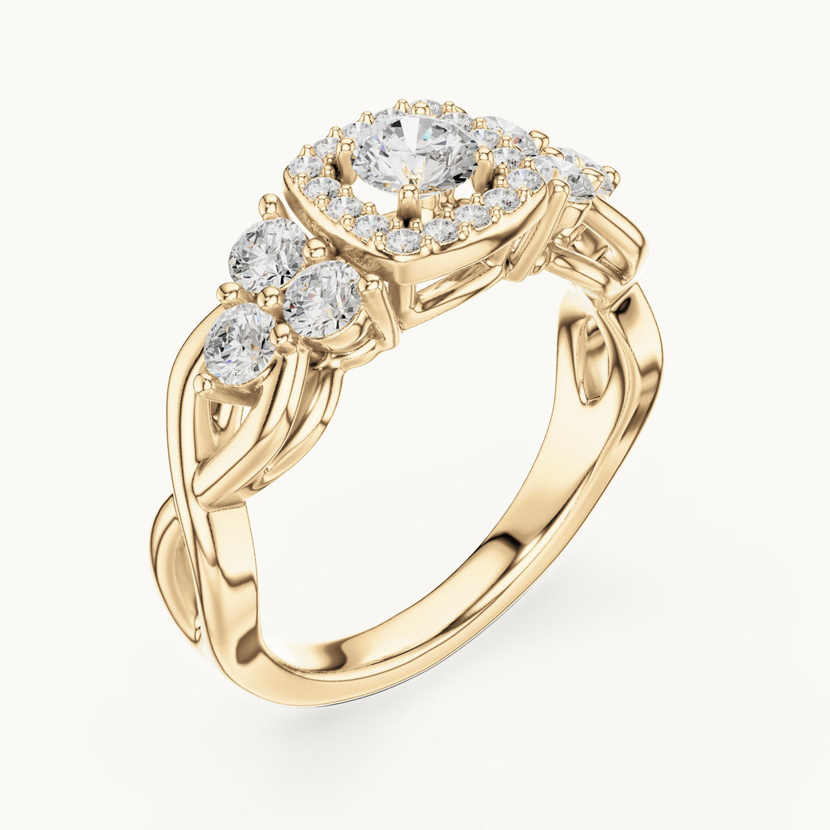 Round lab-grown diamond twisted halo engagement ring with side stones in yellow gold, 1.11 CT TW, view 2