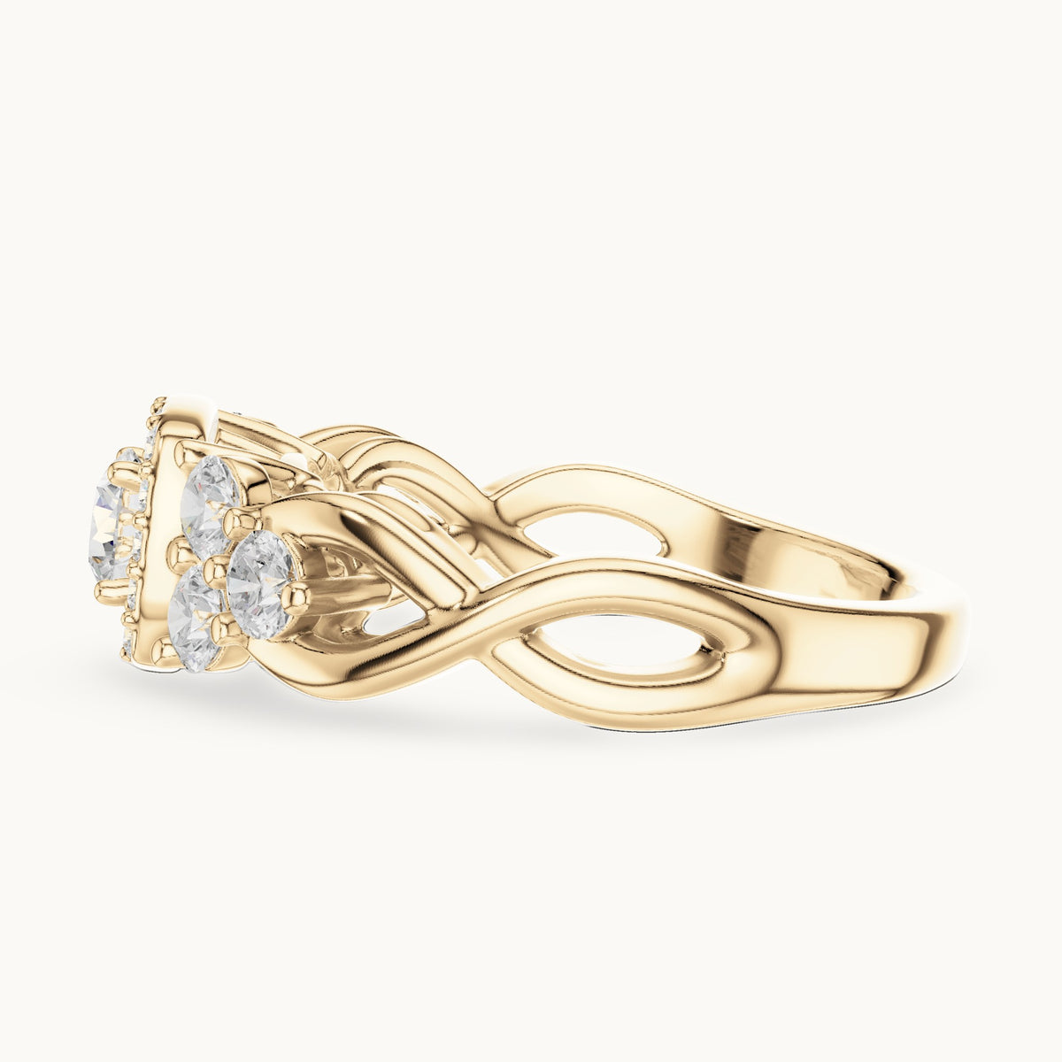 Round lab-grown diamond twisted halo engagement ring with side stones in yellow gold, 1.11 CT TW, view 3
