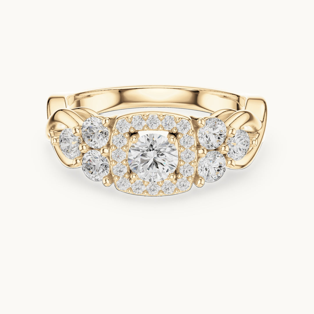 Round lab-grown diamond twisted halo engagement ring with side stones in yellow gold, 1.11 CT TW, view 4