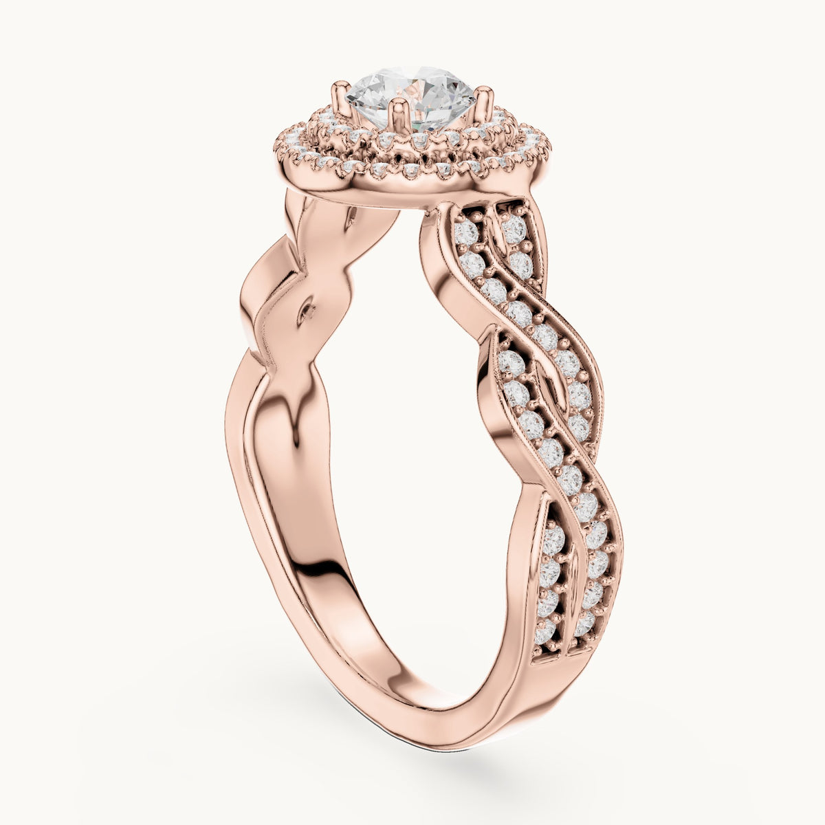 Round lab-grown diamond infinity twist halo engagement ring in rose gold, 1.006 CT TW, view 1