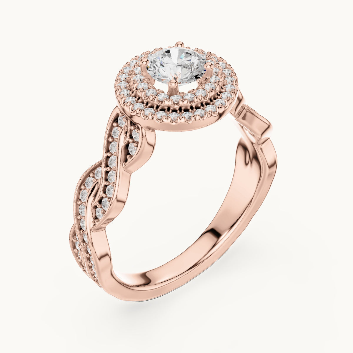 Round lab-grown diamond infinity twist halo engagement ring in rose gold, 1.006 CT TW, view 2