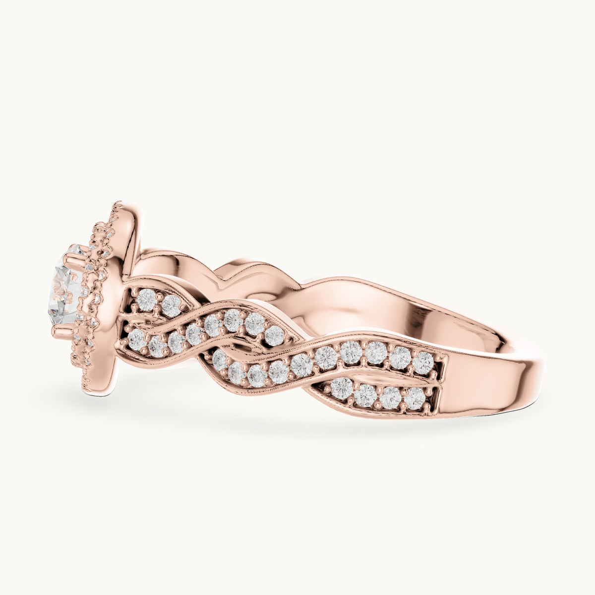 Round lab-grown diamond infinity twist halo engagement ring in rose gold, 1.006 CT TW, view 3