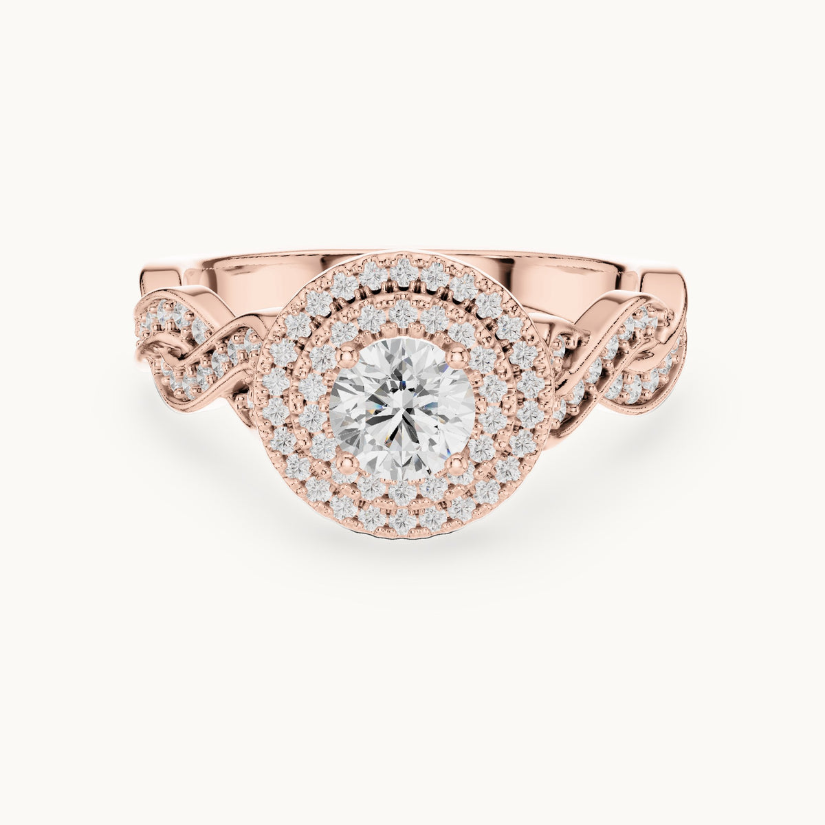 Round lab-grown diamond infinity twist halo engagement ring in rose gold, 1.006 CT TW, view 4