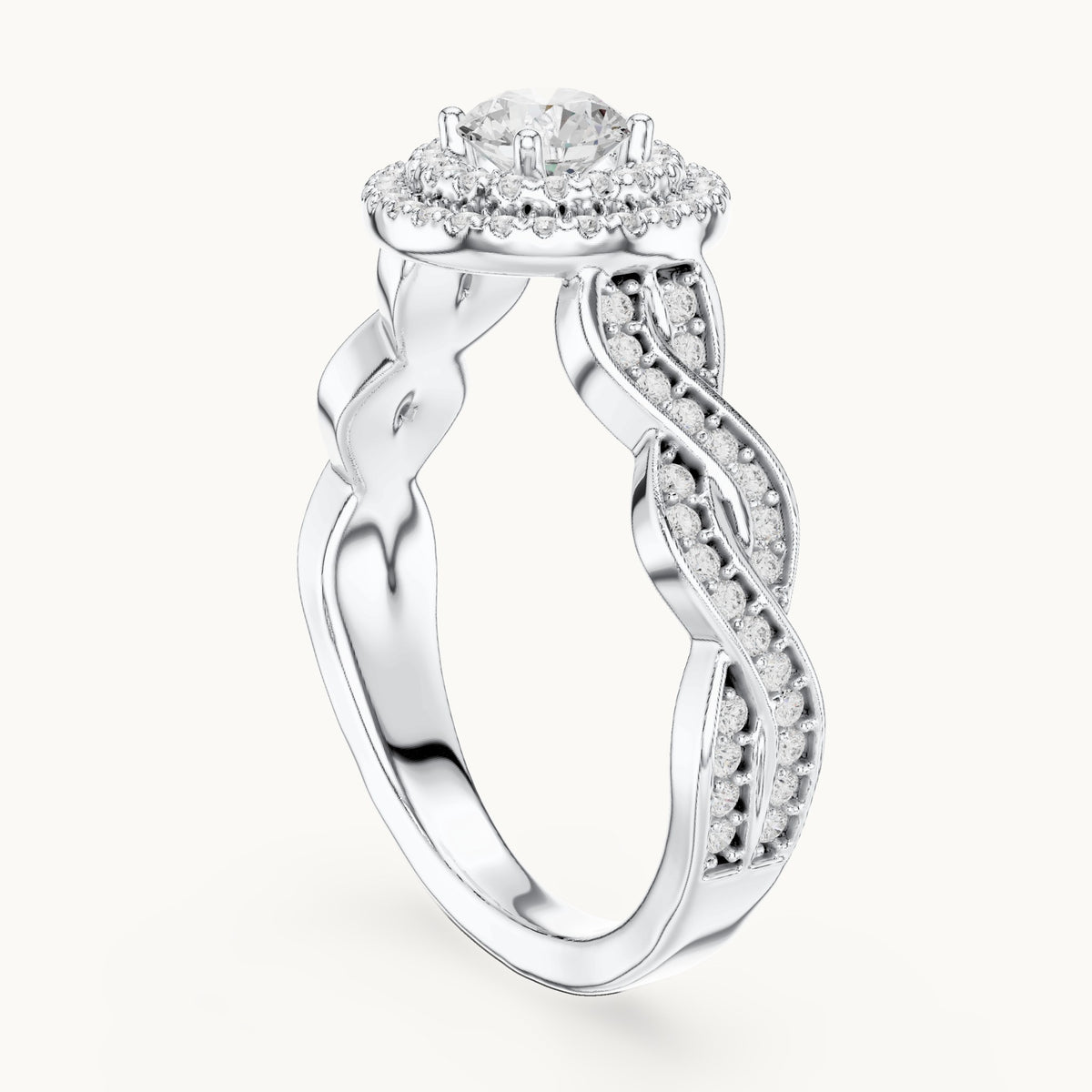 Round lab-grown diamond infinity twist halo engagement ring in white gold, 1.006 CT TW, view 1