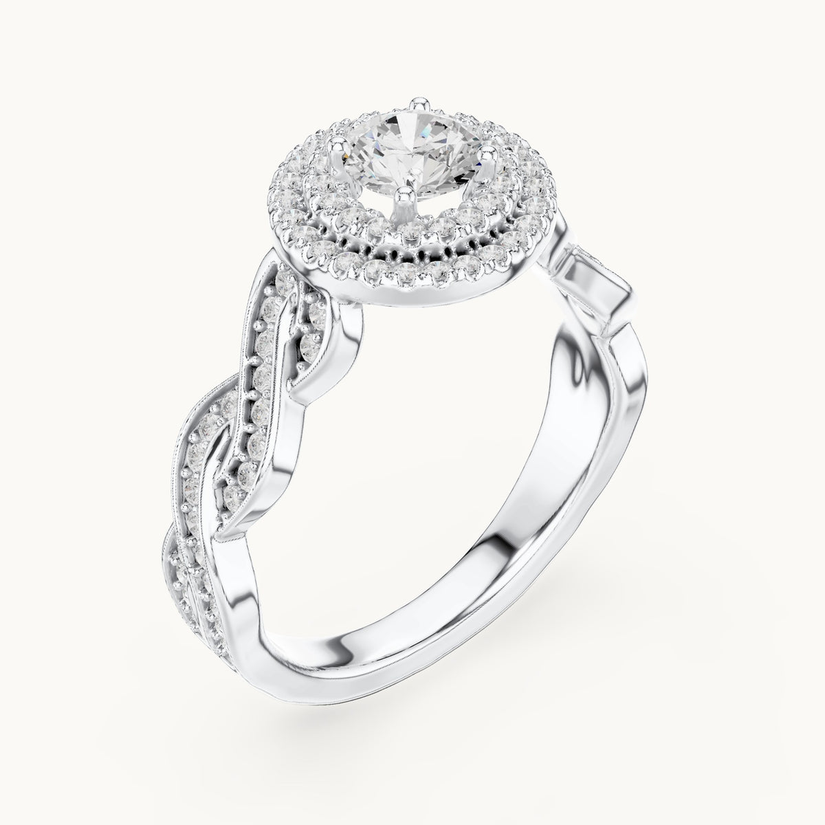 Round lab-grown diamond infinity twist halo engagement ring in white gold, 1.006 CT TW, view 2