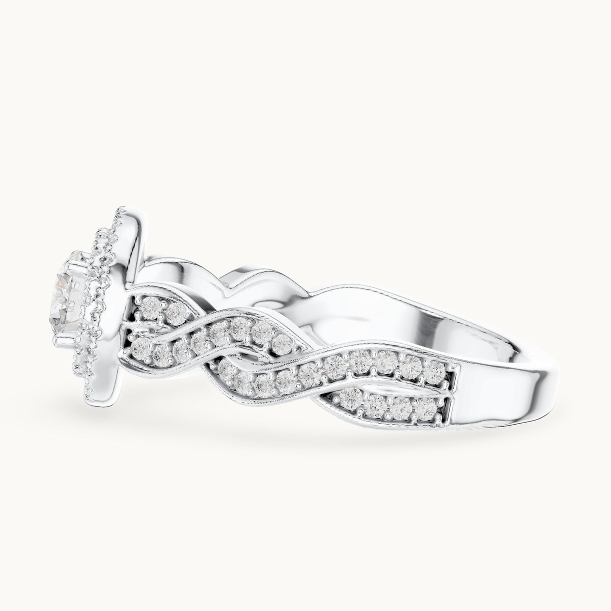 Round lab-grown diamond infinity twist halo engagement ring in white gold, 1.006 CT TW, view 3