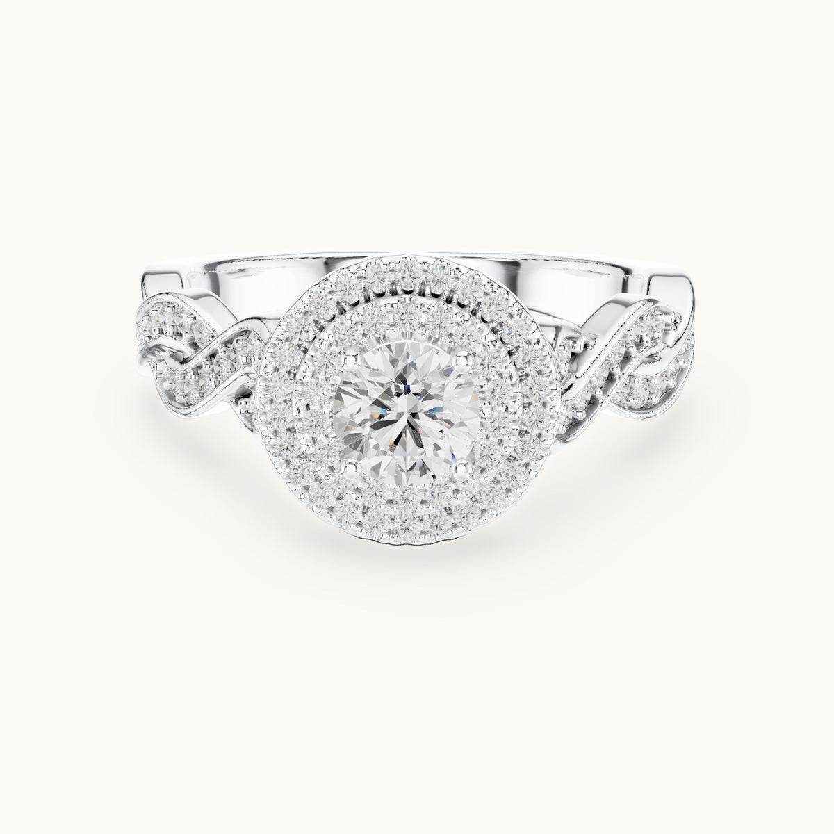 Round lab-grown diamond infinity twist halo engagement ring in white gold, 1.006 CT TW, view 4