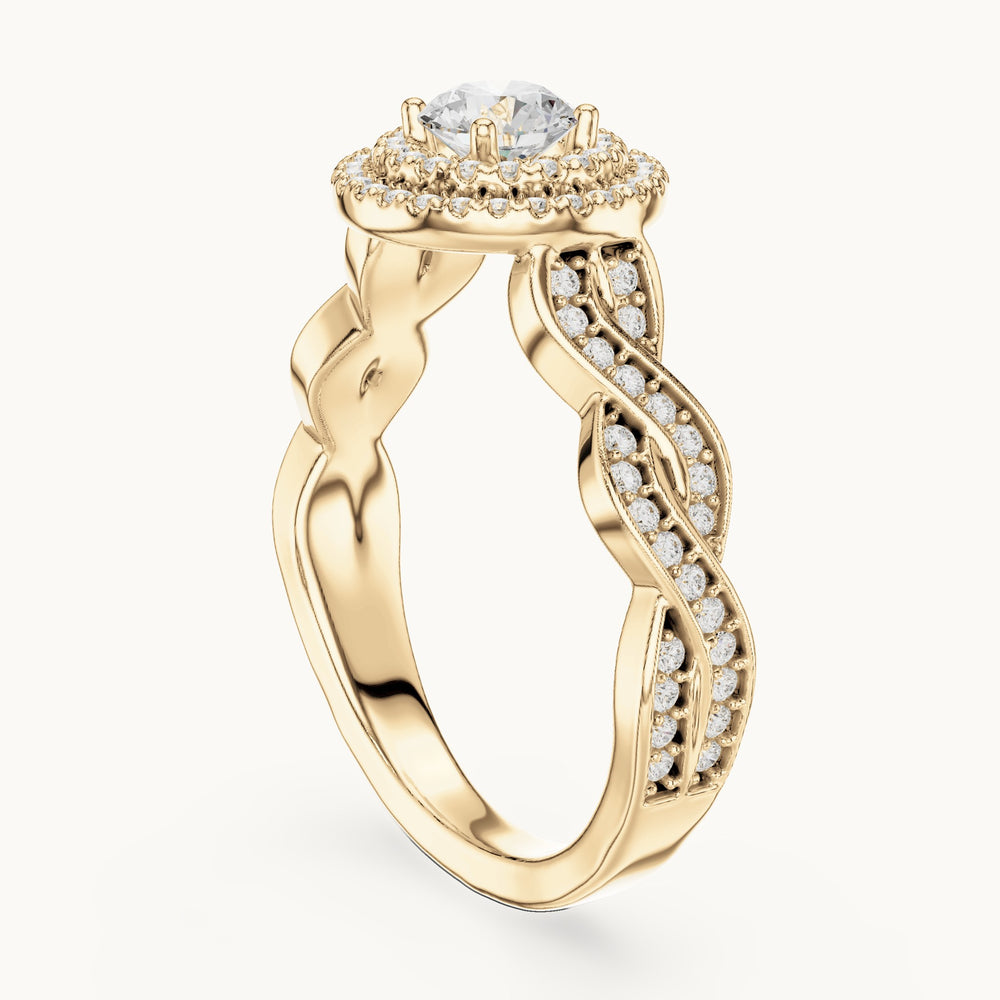 Round lab-grown diamond infinity twist halo engagement ring in yellow gold, 1.006 CT TW, view 1